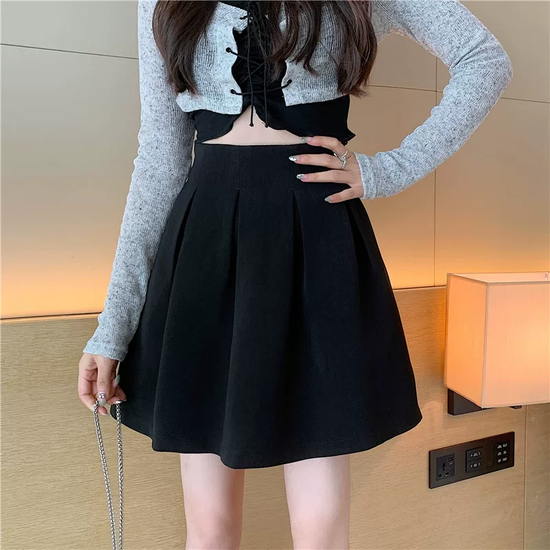 Váy xếp ly cỡ lớn váy tutu màu đen váy ngắn dành cho phụ nữ béo mm váy chữ A eo cao váy ô che hông váy giảm béo