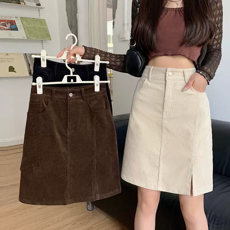 Váy midi chất liệu corduroy size lớn dành cho nữ, váy ngắn dáng chữ A xẻ tà cao eo mùa thu đông, váy bút chì che bụng ôm hông.