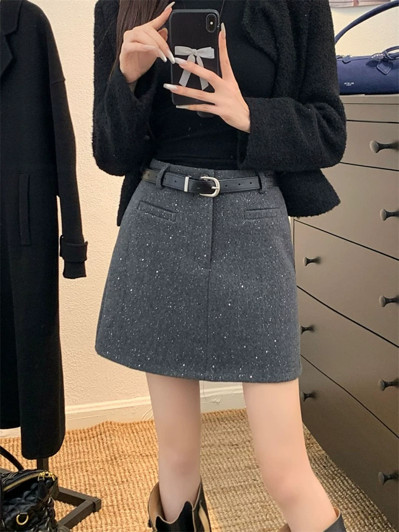 Váy len màu xám sáng bóng dành cho nữ, mùa thu đông, cỡ lớn, lưng cao, dáng nhỏ nhắn, váy ngắn đính sequin, váy bút chì dáng chữ A tôn dáng.