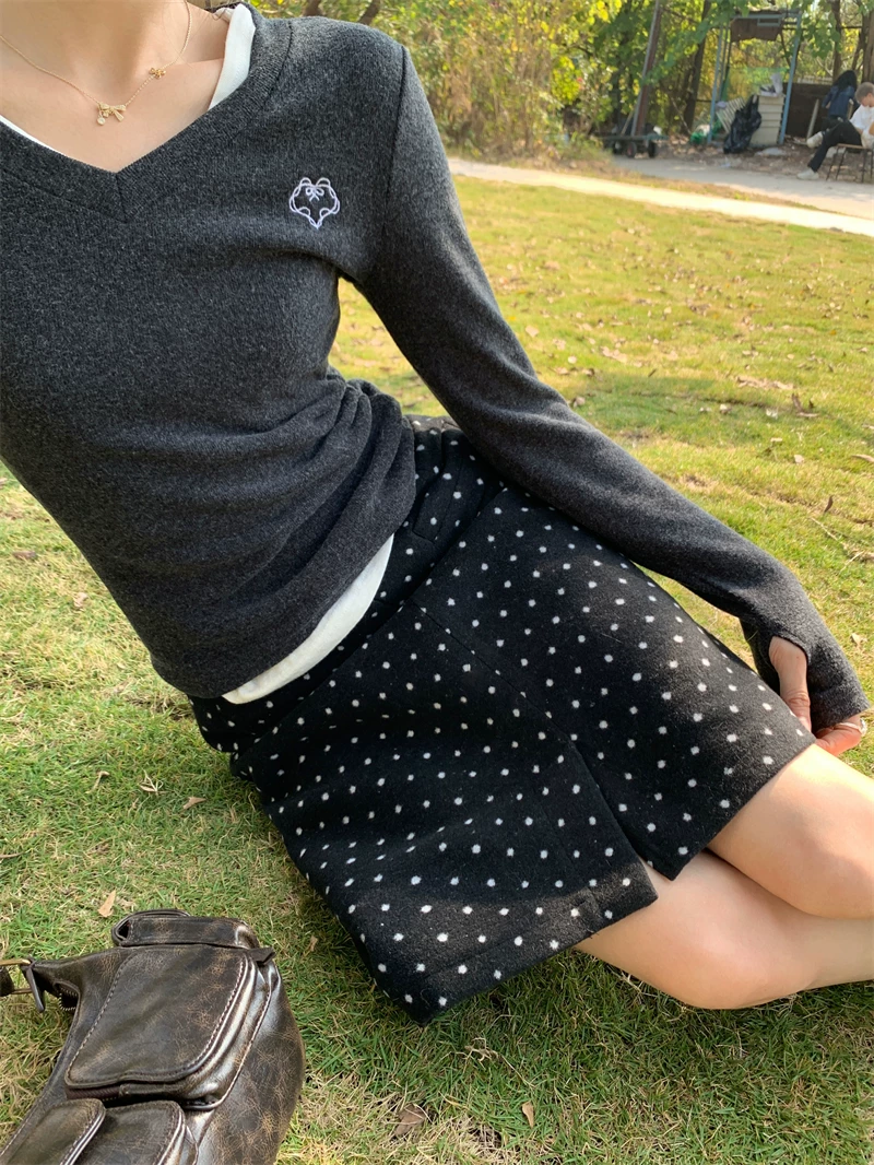 Váy len chấm bi kiểu Mỹ cổ điển dành cho nữ, kiểu mới xuân 2024, cạp cao, đa năng và tôn dáng