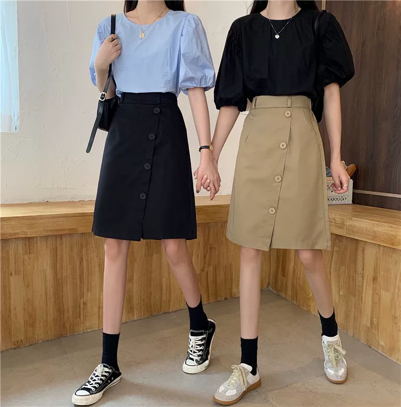 Váy dài trung bình phong cách Hàn Quốc mùa hè, váy chữ A không đều dáng rộng cạp cao cỡ lớn, váy công sở, váy ôm dáng phong cách preppy