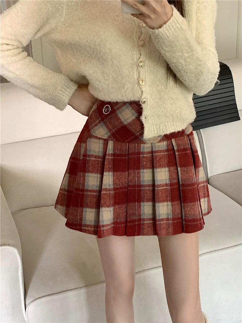 Váy len kẻ sọc đỏ cổ điển kiểu Mỹ dành cho nữ trong mùa thu đông, váy chữ A cạp cao tôn dáng, váy che hông, váy ngắn