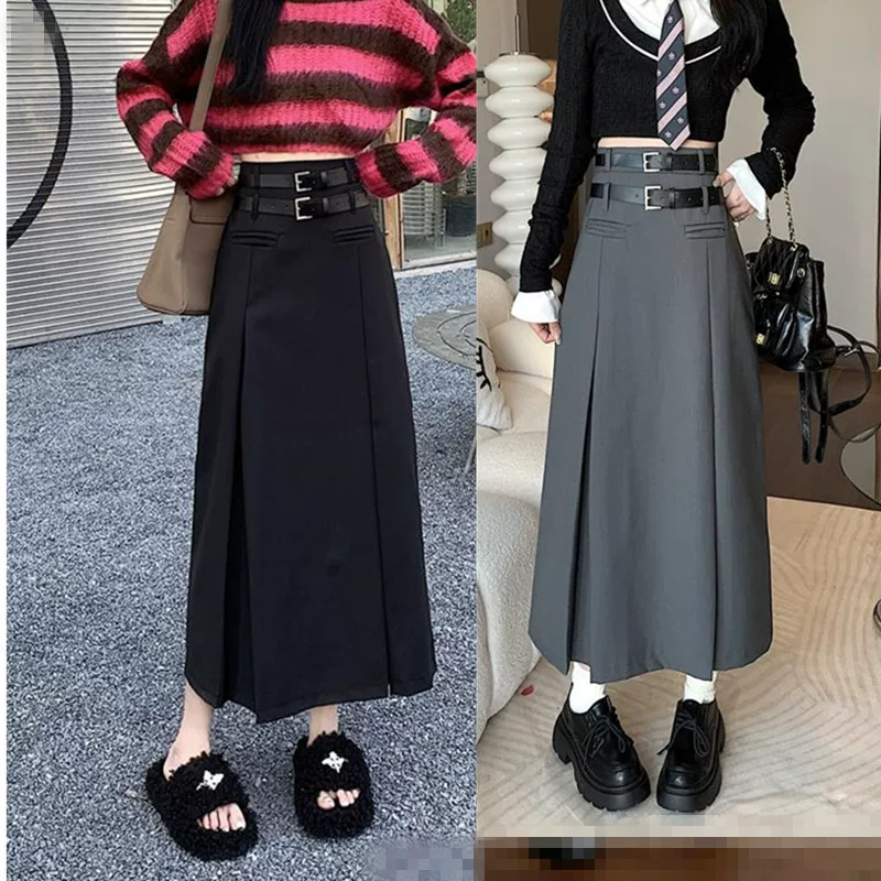 Chân váy midi xếp ly cao eo dành cho nữ, kiểu dáng chữ A màu xám, size lớn, thích hợp mặc đi chơi mùa xuân