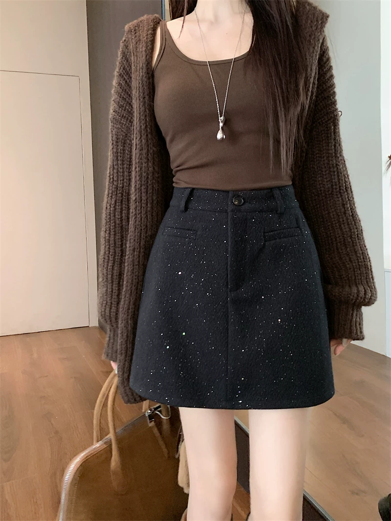 Váy len bóng mượt, váy ôm hông cao eo, size lớn dành cho nữ mùa thu đông, váy ngắn chữ A đính sequin kiểu Chanel