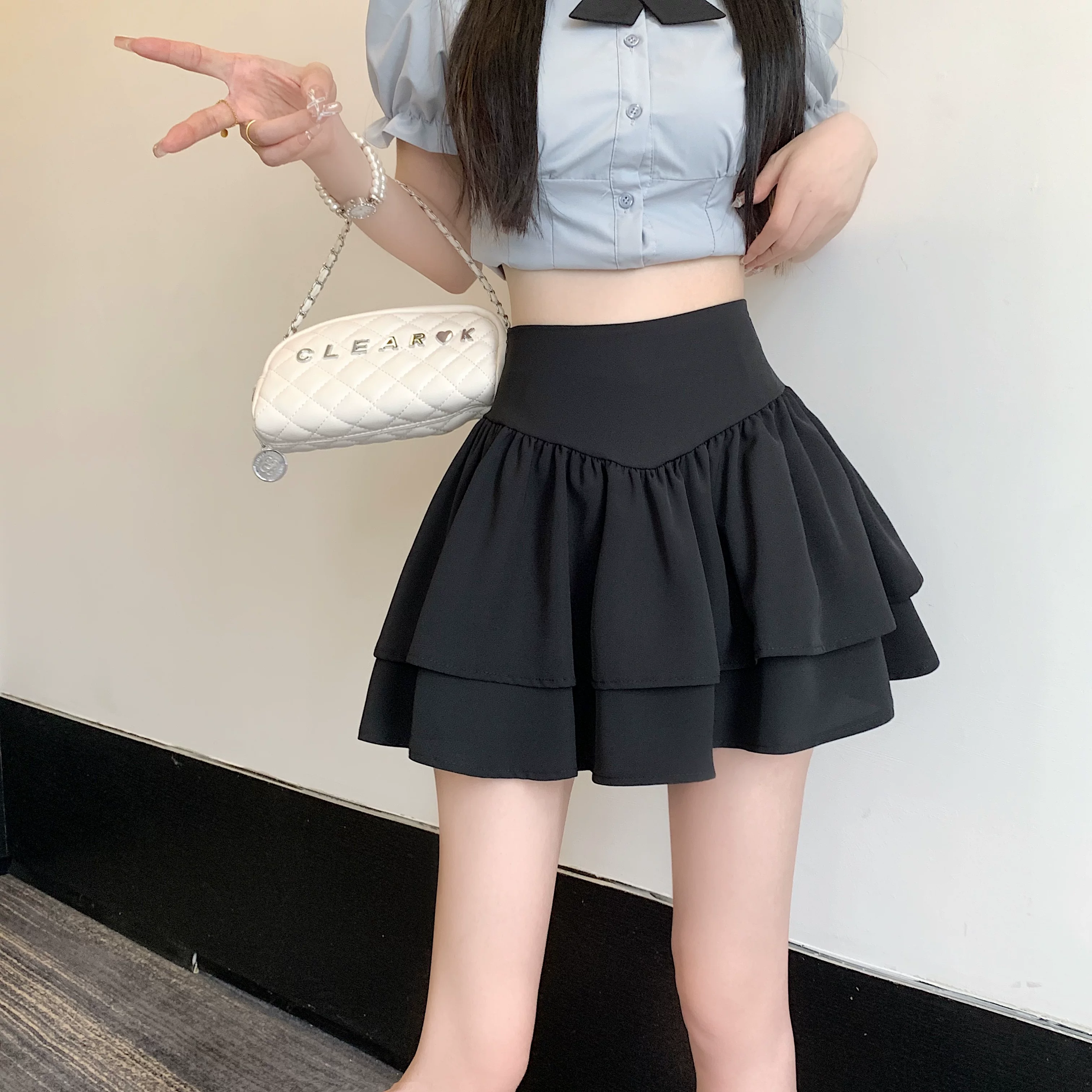 Váy xòe cao cấp phong cách Pháp mùa hè dành cho nữ, váy xếp tầng bèo nhún tôn dáng, váy ngắn chữ A cạp cao chống lộ