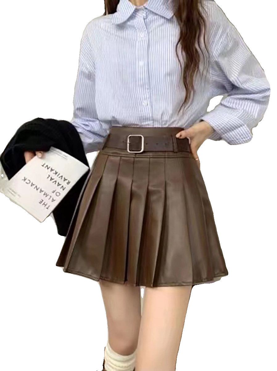 Váy da PU chữ A lưng cao, váy xếp ly, váy nửa thân nữ, váy ngắn chữ A cỡ lớn mùa thu đông hot girl, váy da mini ôm hông màu cà phê