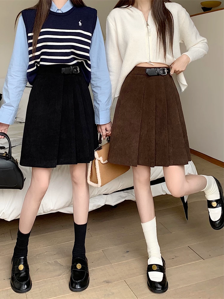 Váy nhung kẻ lưng cao dành cho nữ, mùa thu đông, cỡ lớn, váy ngắn chữ A thon gọn, màu cà phê, váy ôm sát, váy xếp ly không đều.