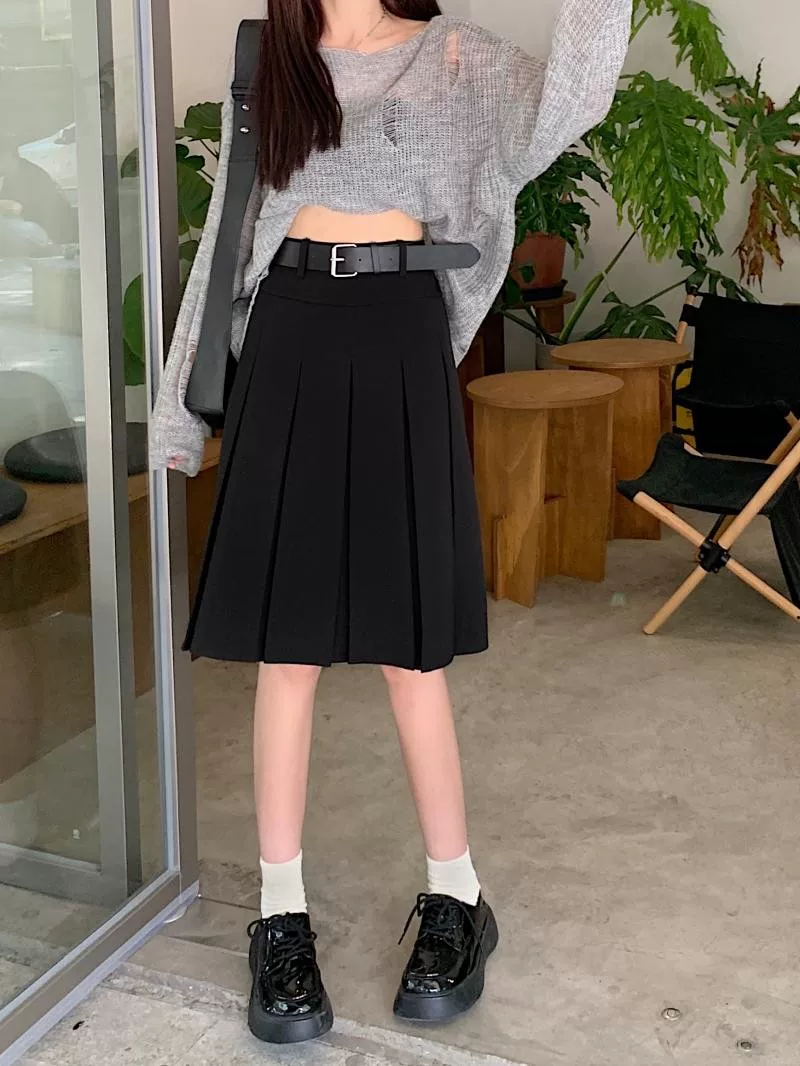 Váy xếp ly váy midi nữ cỡ lớn váy phong cách preppy mùa xuân hè 2023 váy chữ A che hông váy cao cấp màu xám