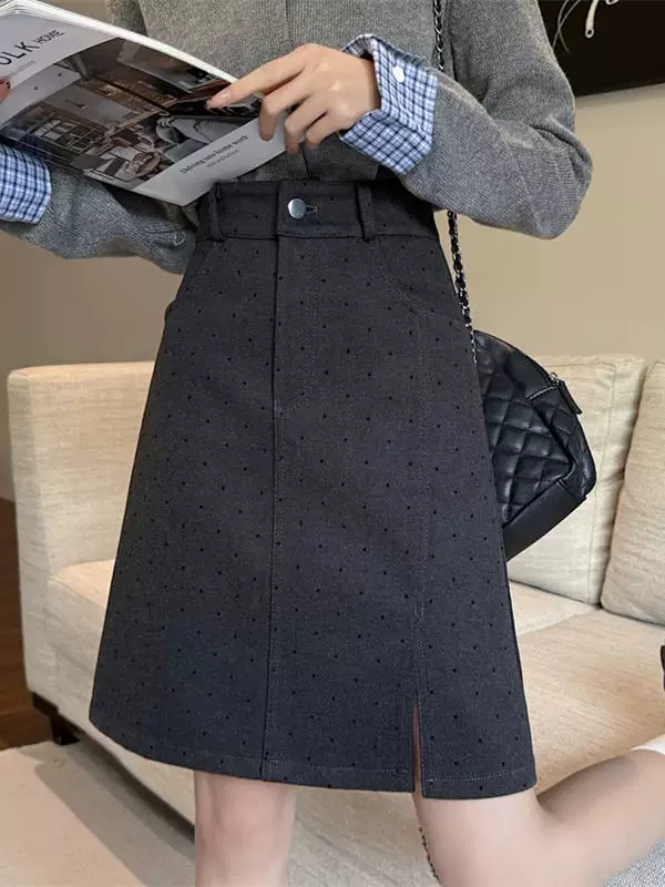 Váy len xẻ tà màu xám chấm bi cỡ lớn dành cho nữ, mùa thu đông, váy chữ A che hông, váy midi định hình cơ thể cho người béo mm