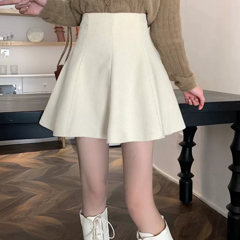 Váy nhung kẻ màu mơ size lớn cho nữ, váy ngắn cho mùa thu đông, váy xòe chữ A màu cà phê, váy che hông lưng cao.