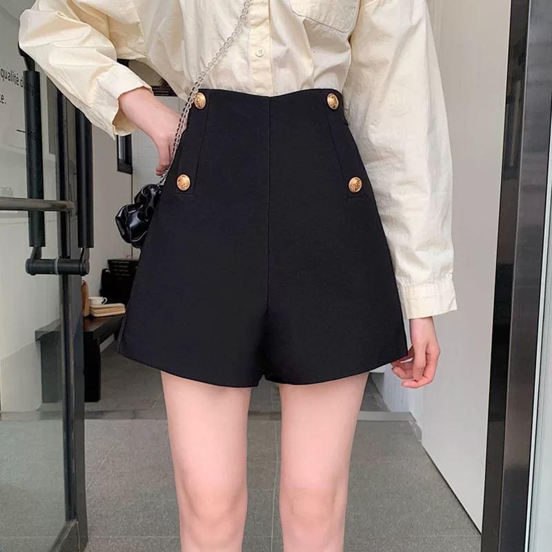 Quần short vest đen nữ, quần short mùa hè cạp cao dáng A, quần rộng ống rộng dáng A suông mỏng tôn dáng