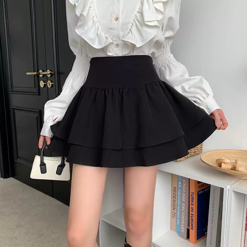 Váy phồng kiểu Pháp cạp cao cỡ lớn dành cho nữ, váy xếp tầng xếp ly mùa xuân hè, váy ngắn chữ A chống lộ dành cho phụ nữ có đường cong.