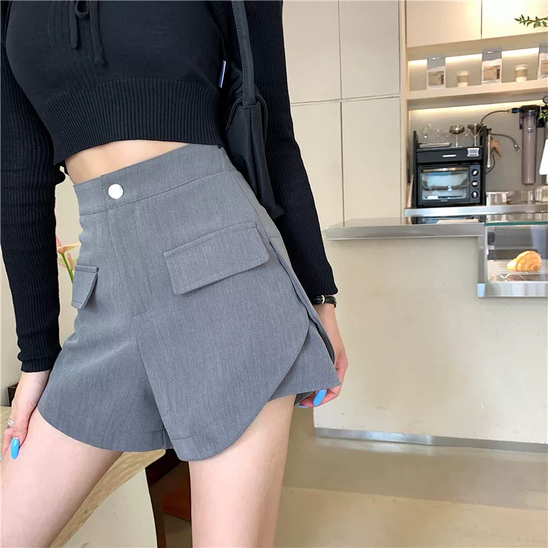 Quần short vest đen lưng cao dành cho nữ, quần ống rộng dáng chữ A rộng rãi, thiết kế độc đáo, quần công sở thường ngày, size lớn mùa hè.