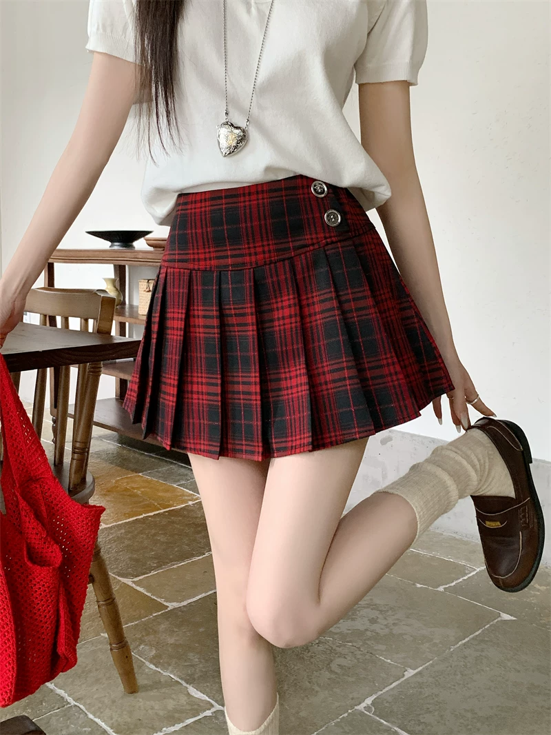 Váy xếp ly kẻ sọc đỏ cỡ lớn, váy chữ A phong cách trường học JK mùa xuân hè, váy ngắn cạp cao chống lộ, váy nửa thân cho nữ.