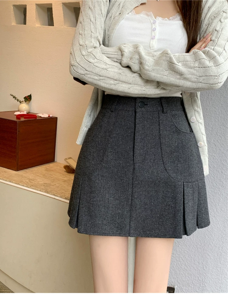 Váy len xếp ly màu xám dành cho nữ, váy nửa thân mùa thu đông, váy cạp cao che hông cỡ lớn, váy ngắn chữ A chống lộ tôn dáng