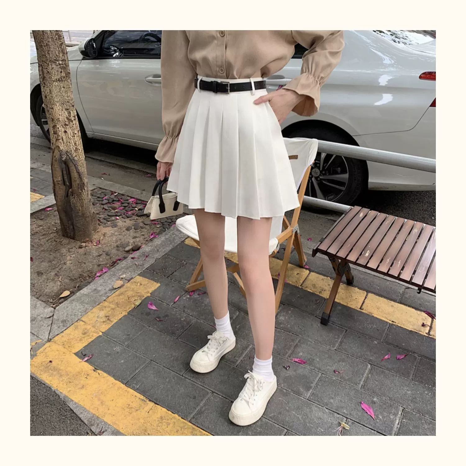 Váy xếp ly TB màu trắng cỡ lớn dành cho nữ mùa xuân hè Bộ đồ chống lộ váy chữ A váy cạp cao kiểu học sinh quần váy