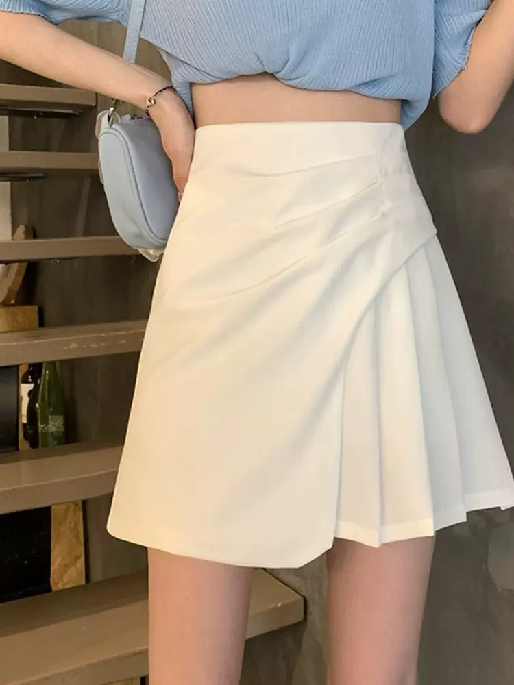 Váy xếp ly màu trắng cỡ lớn dành cho nữ, mùa hè, dành cho những cô nàng mũm mĩm, lưng cao bất đối xứng, tôn dáng, váy mini ôm sát dáng chữ A xếp ly.