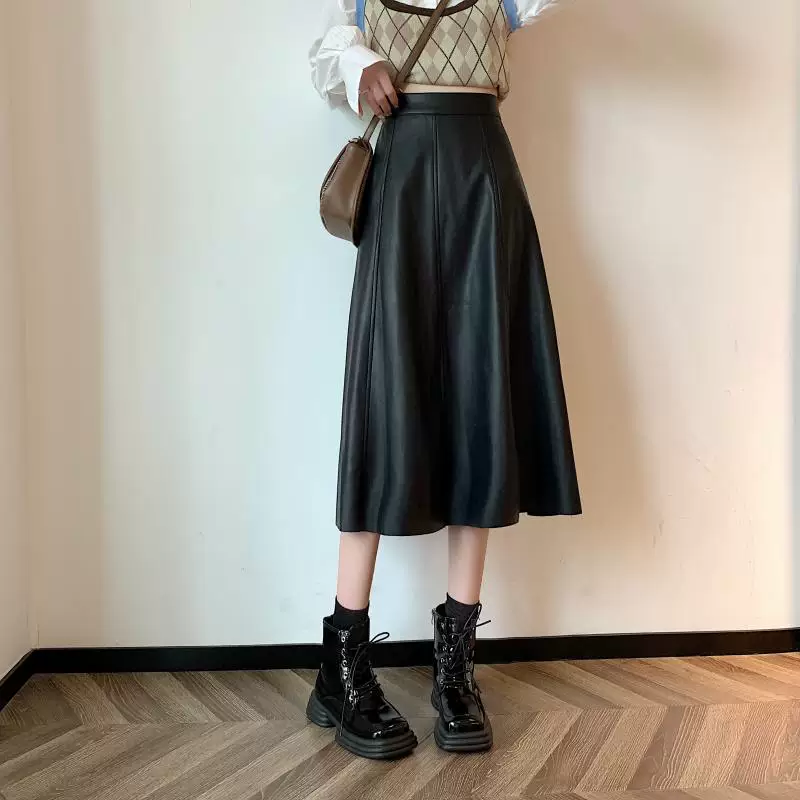 Váy da PU cạp cao cỡ lớn dành cho nữ, váy dài che bụng màu trơn mùa thu đông, váy chữ A thon gọn cho dáng quả lê.