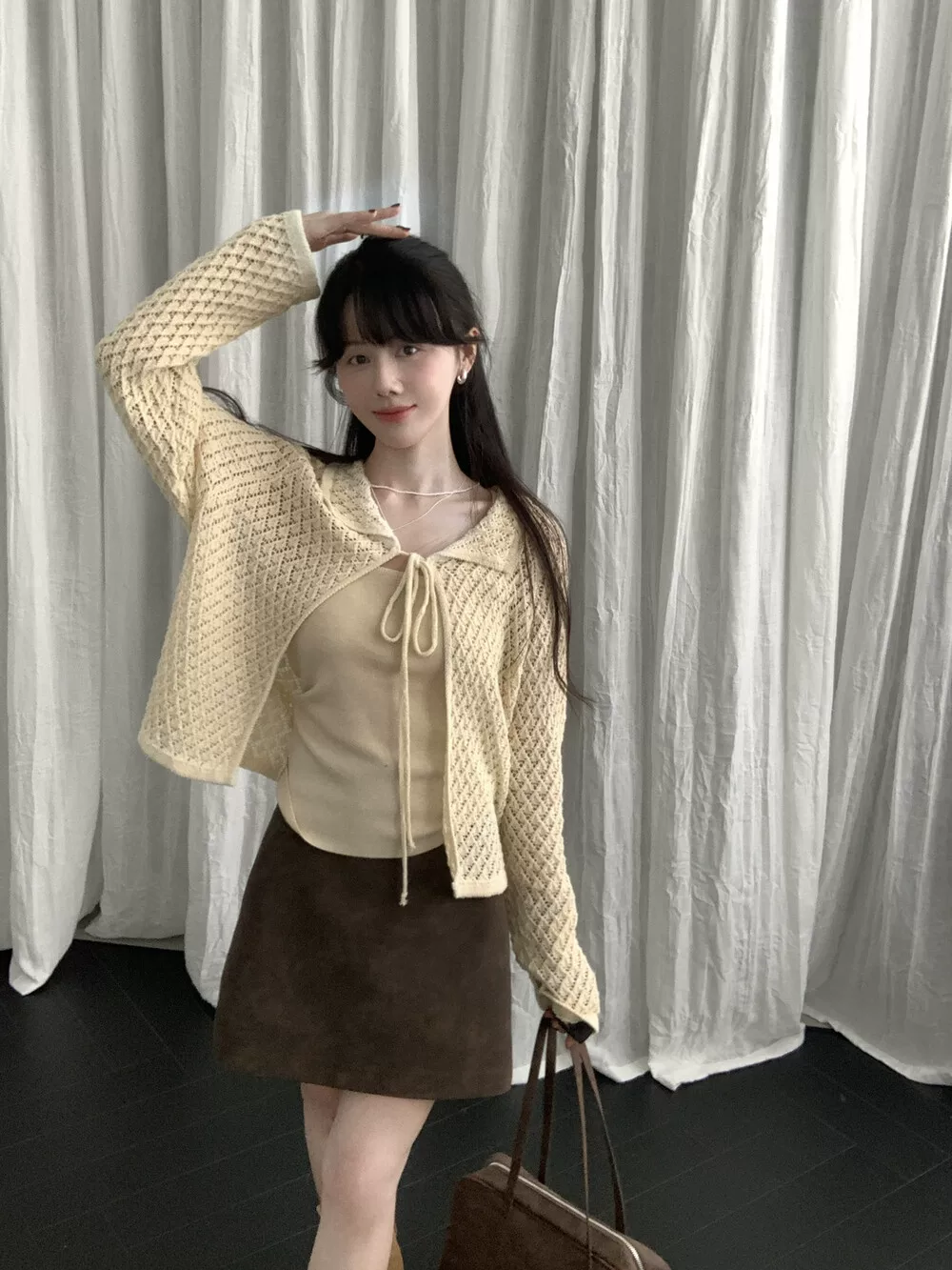 Váy da lộn cao cấp màu nâu, cỡ lớn, váy chữ A che hông, mùa thu đông, nhỏ nhắn, đa năng, giảm béo, váy ngắn ôm sát cơ thể