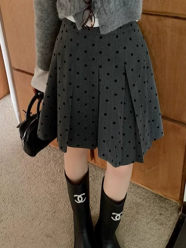 Váy xếp ly màu xám có thể đảo ngược mặt trước và mặt sau váy chấm bi dành cho nữ mùa thu đông cỡ lớn eo cao phong cách preppy váy chữ A dài vừa phải