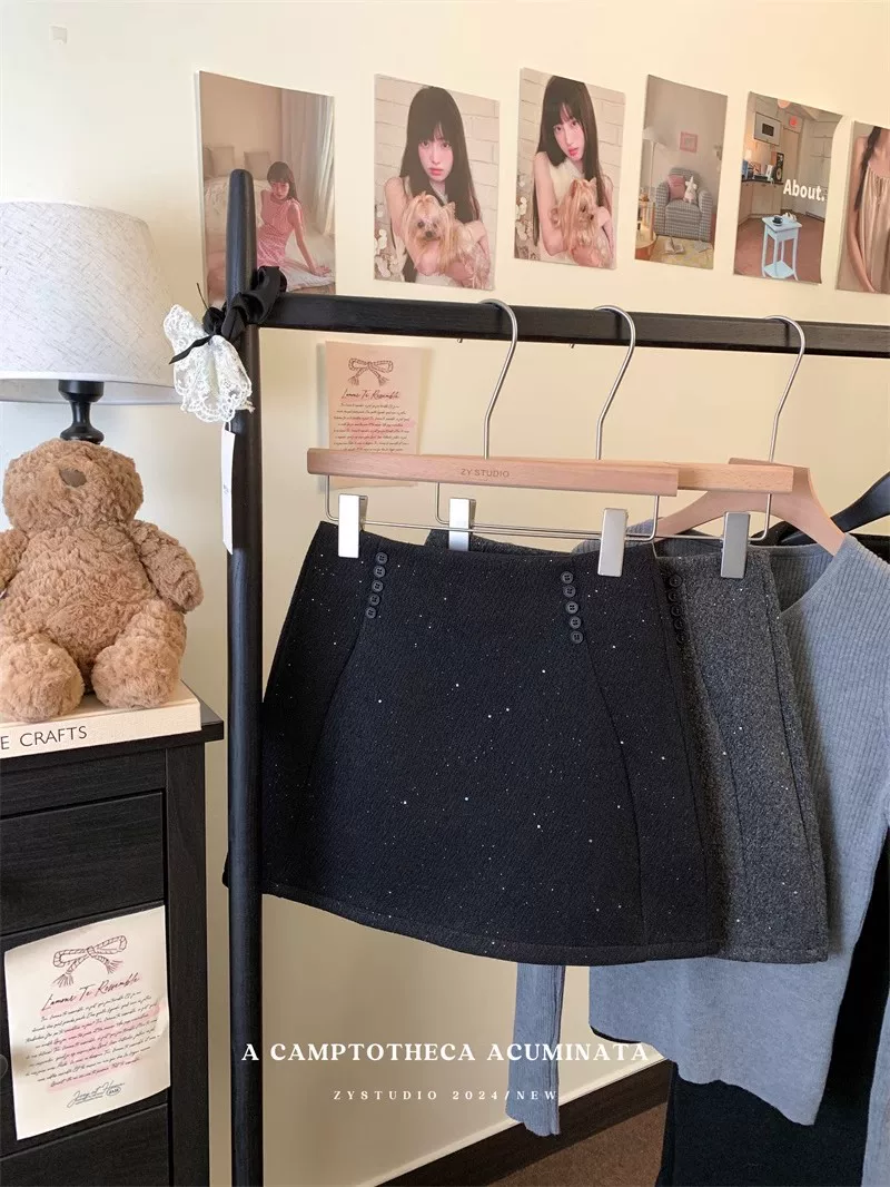 Váy len dày bóng cho nữ, mùa thu đông, váy ôm sát đính sequin cạp cao, váy ngắn chữ A chống lộ.