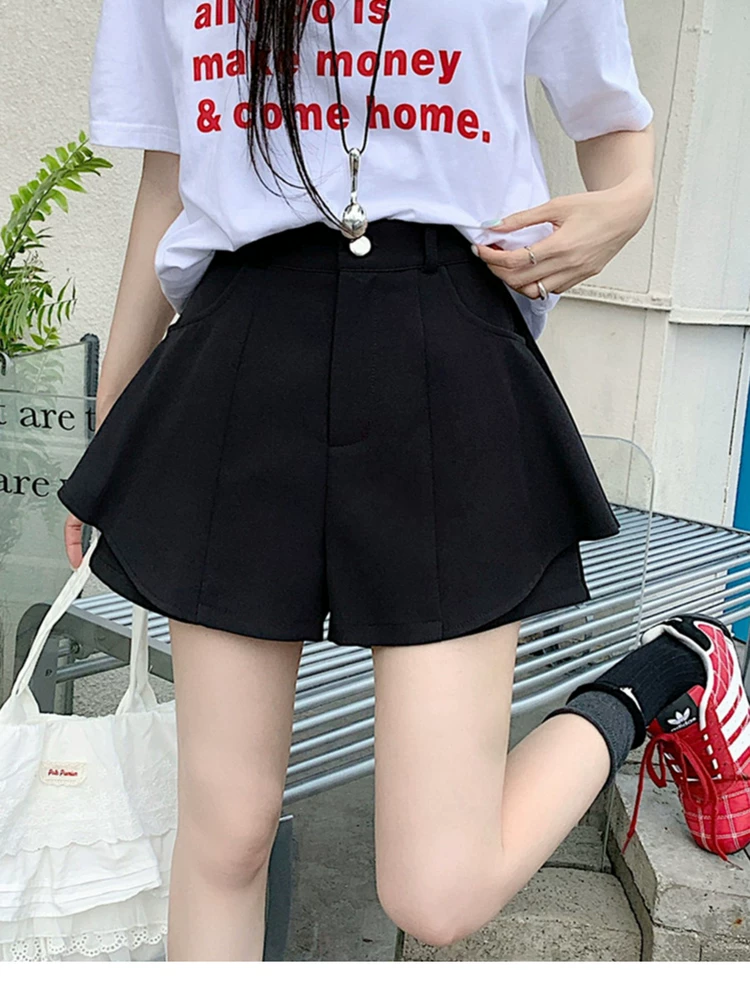 Quần short vest đen cỡ lớn, kiểu dáng mùa hè mới dành cho phụ nữ mũm mĩm, cạp cao, dáng chữ A thon gọn, che bụng, quần ống rộng, quần váy thường ngày.