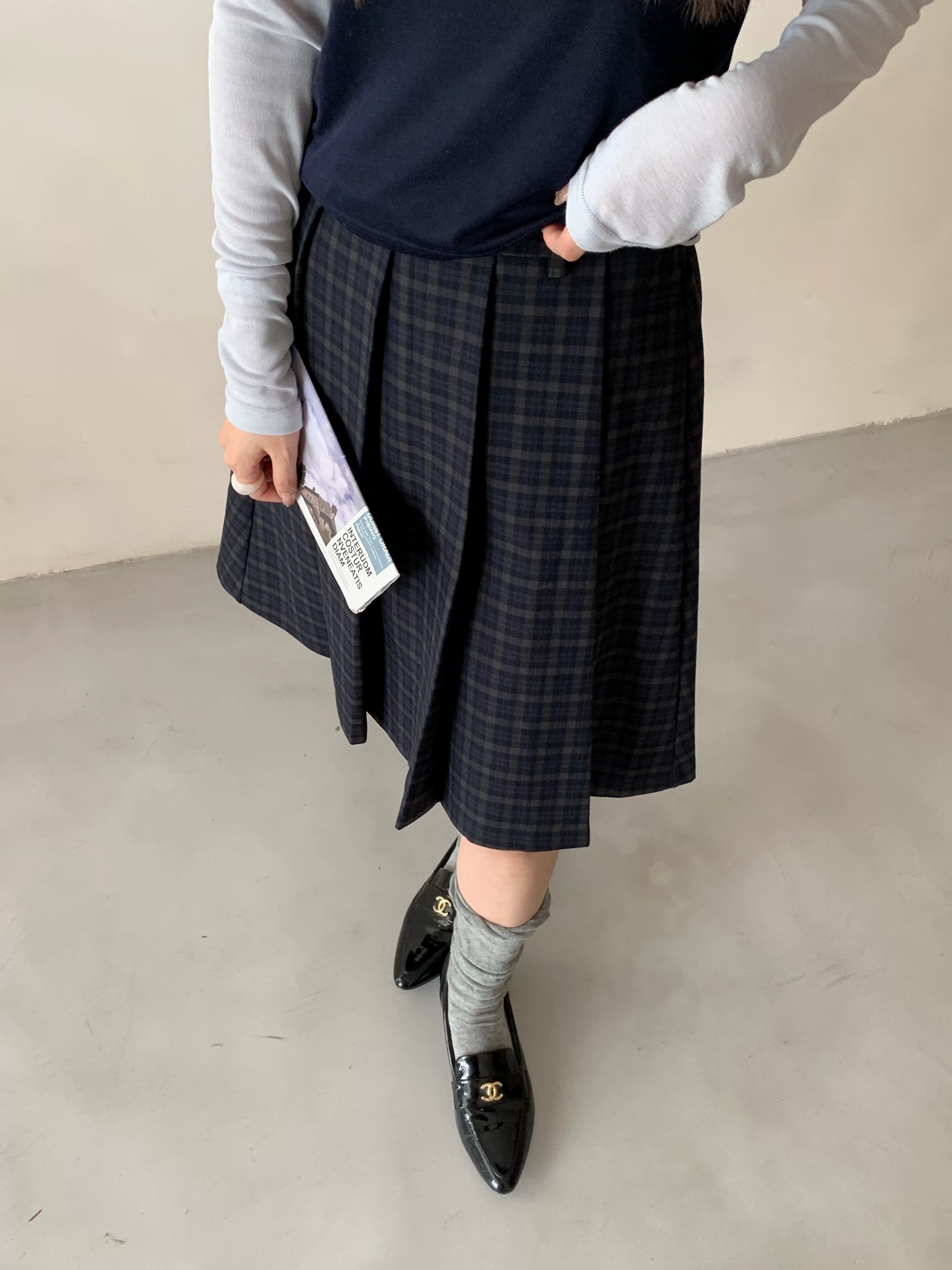 Váy midi kẻ sọc xanh cao cấp dành cho nữ, phong cách Hàn Quốc, cỡ lớn, tôn dáng, phong cách preppy, váy xếp ly họa tiết, váy chữ A.