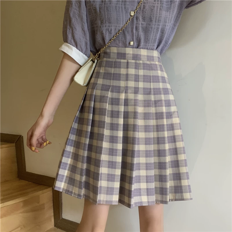 Váy xếp ly kẻ sọc cỡ lớn dành cho nữ, mùa hè, lưng cao, thon gọn, dáng chữ A, dài vừa phải, phong cách preppy, váy nửa dài, váy kiểu BM.