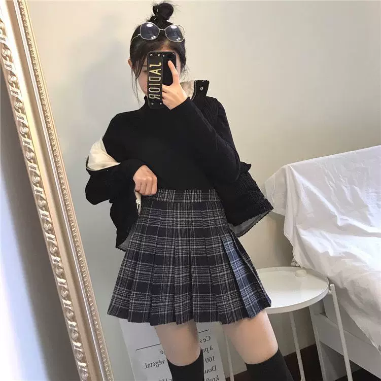 Váy len kẻ sọc kaki xếp ly váy ngắn dành cho nữ mùa thu đông cỡ lớn váy chữ A lưng cao váy phong cách preppy váy chống lộ