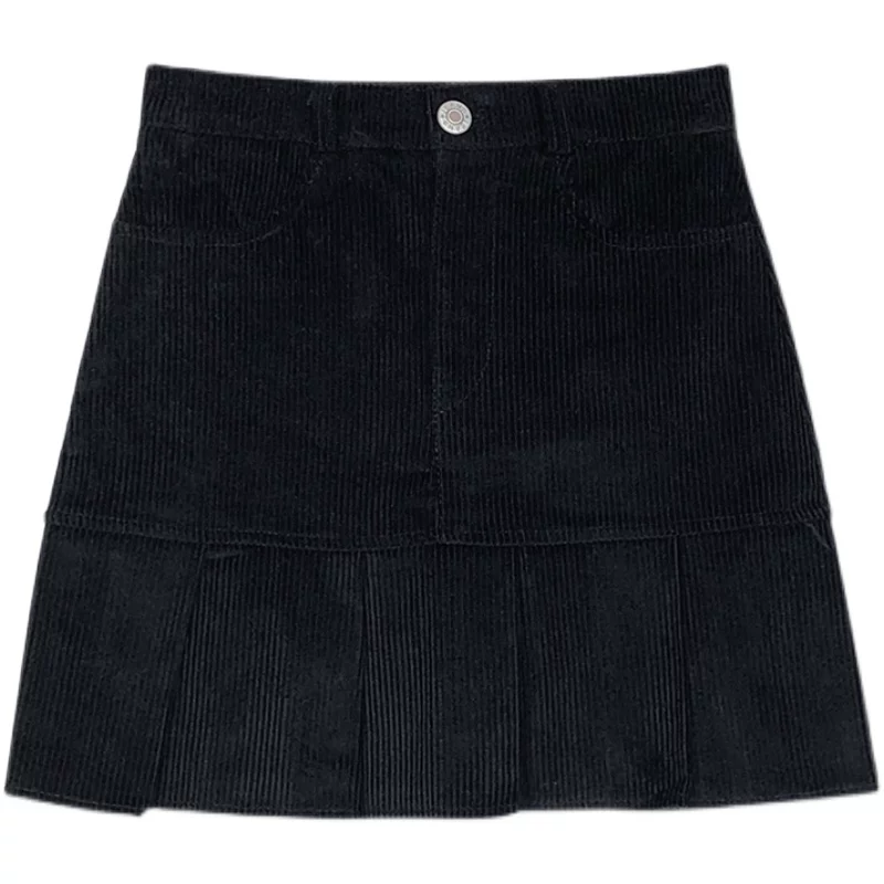 Váy nhung kẻ cỡ lớn dành cho nữ, mùa thu đông, phong cách preppy, váy xếp ly, lưng cao, tôn dáng, váy ngắn chữ A đa năng dành cho phụ nữ cỡ lớn.