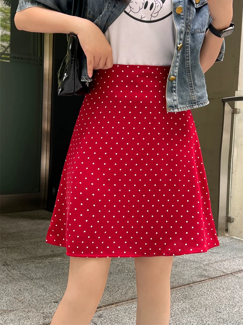 Váy chấm bi màu đỏ cổ điển dành cho nữ trong mùa hè, cỡ lớn, lưng cao, váy dài vừa che hông, váy chữ A che hông, váy ngắn che hông