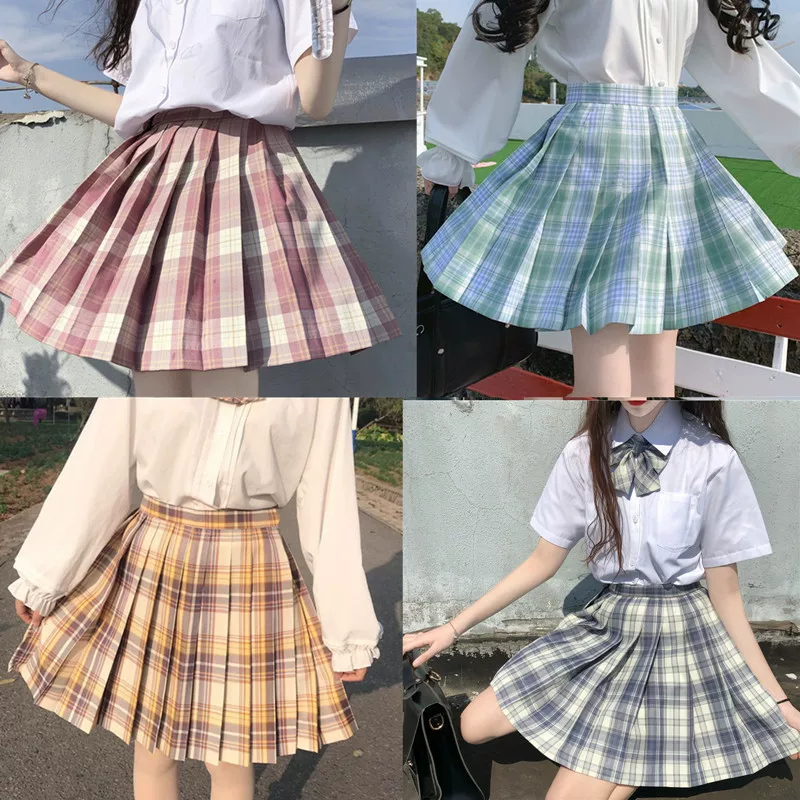 Váy kẻ sọc JK cỡ lớn, váy nửa thân kiểu preppy dành cho nữ, váy chữ A lưng cao mùa hè dành cho những cô nàng mũm mĩm, váy đồng phục xếp ly phong cách Nhật Bản.