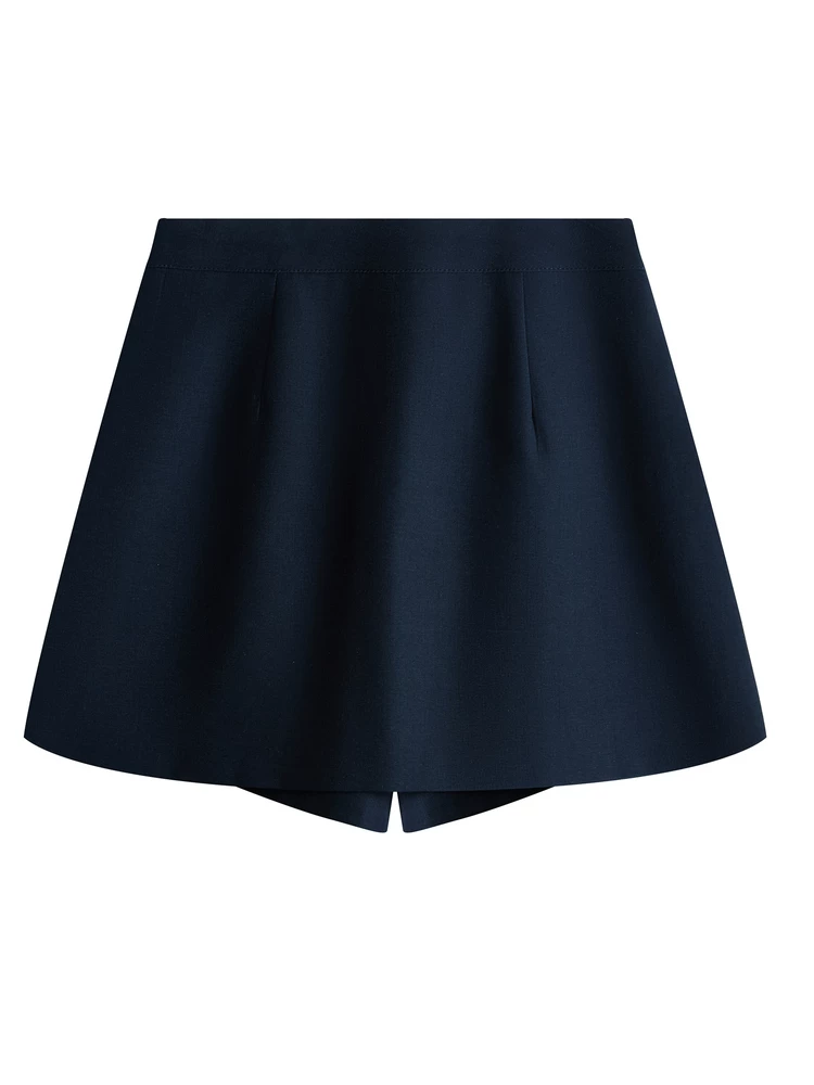 Quần váy xẻ tà thêu màu xanh hải quân cỡ lớn dành cho nữ, quần short dáng ôm mùa hè, quần váy chữ A lưng cao.