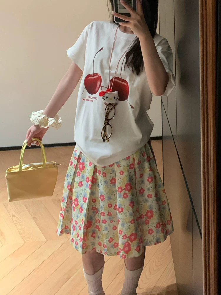 Váy xếp ly hoa hồng phong cách retro Mỹ dành cho nữ, mùa hè 2025, kiểu dáng đa năng, chất liệu thường ngày, lưng cao, dài ngang đùi