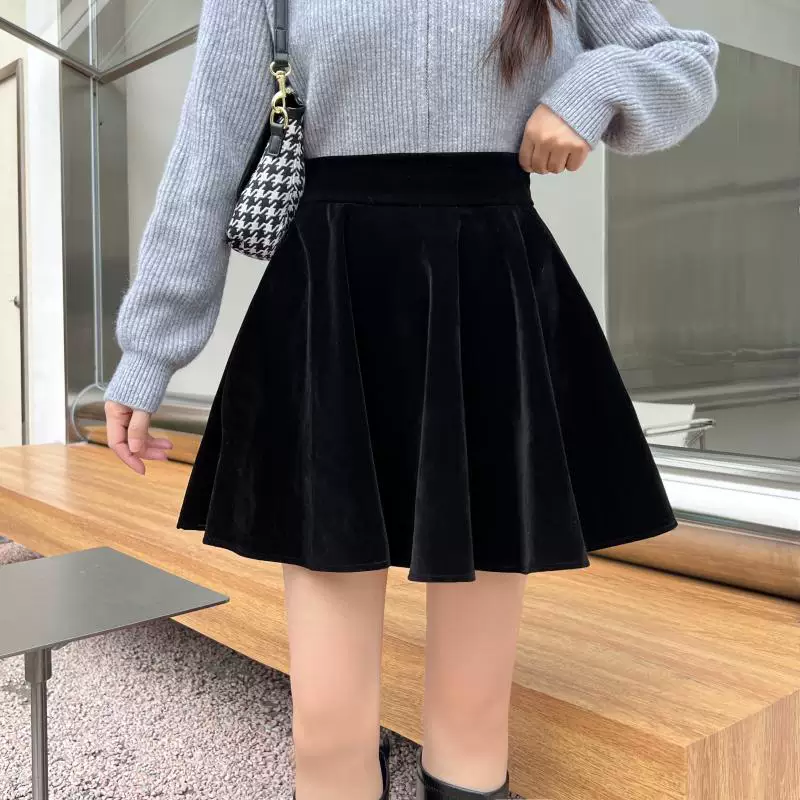 Váy nhún bèo nhung đen cỡ lớn mùa thu đông, kiểu dáng chữ A dành cho phụ nữ ngoại cỡ, cạp cao, tôn dáng, che hông, váy ngắn bồng bềnh dành cho nữ.