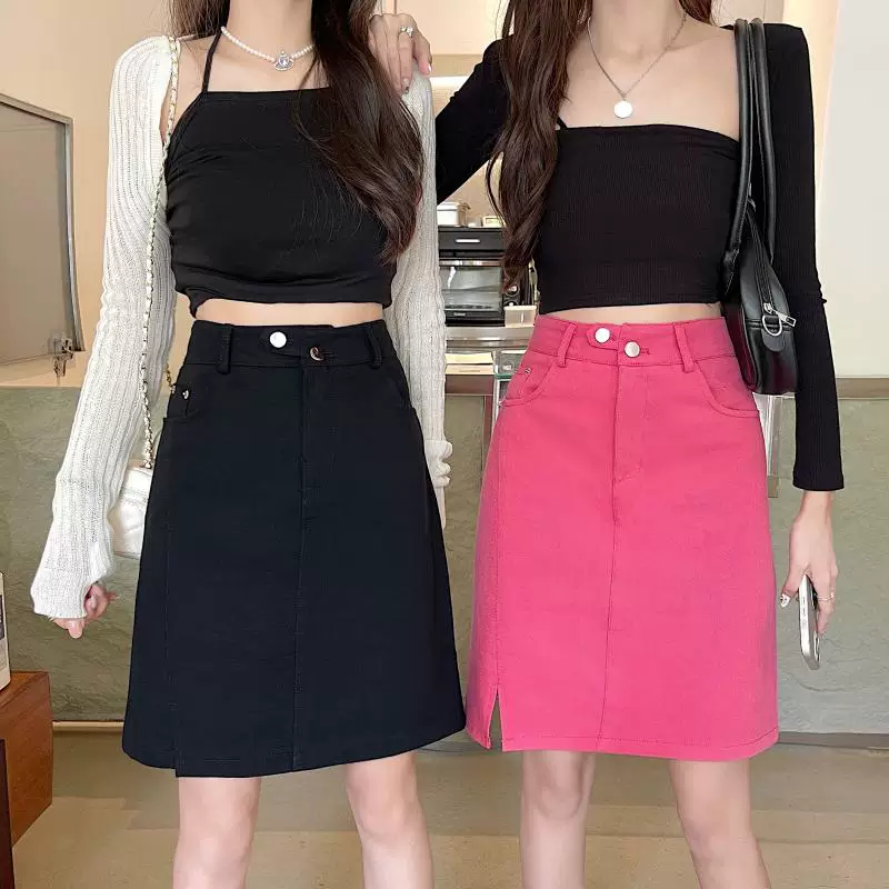 Váy midi denim xẻ tà size lớn cho nữ, kiểu dáng mới mùa hè, váy bút chì dáng chữ A đa năng, cạp cao, tôn dáng.