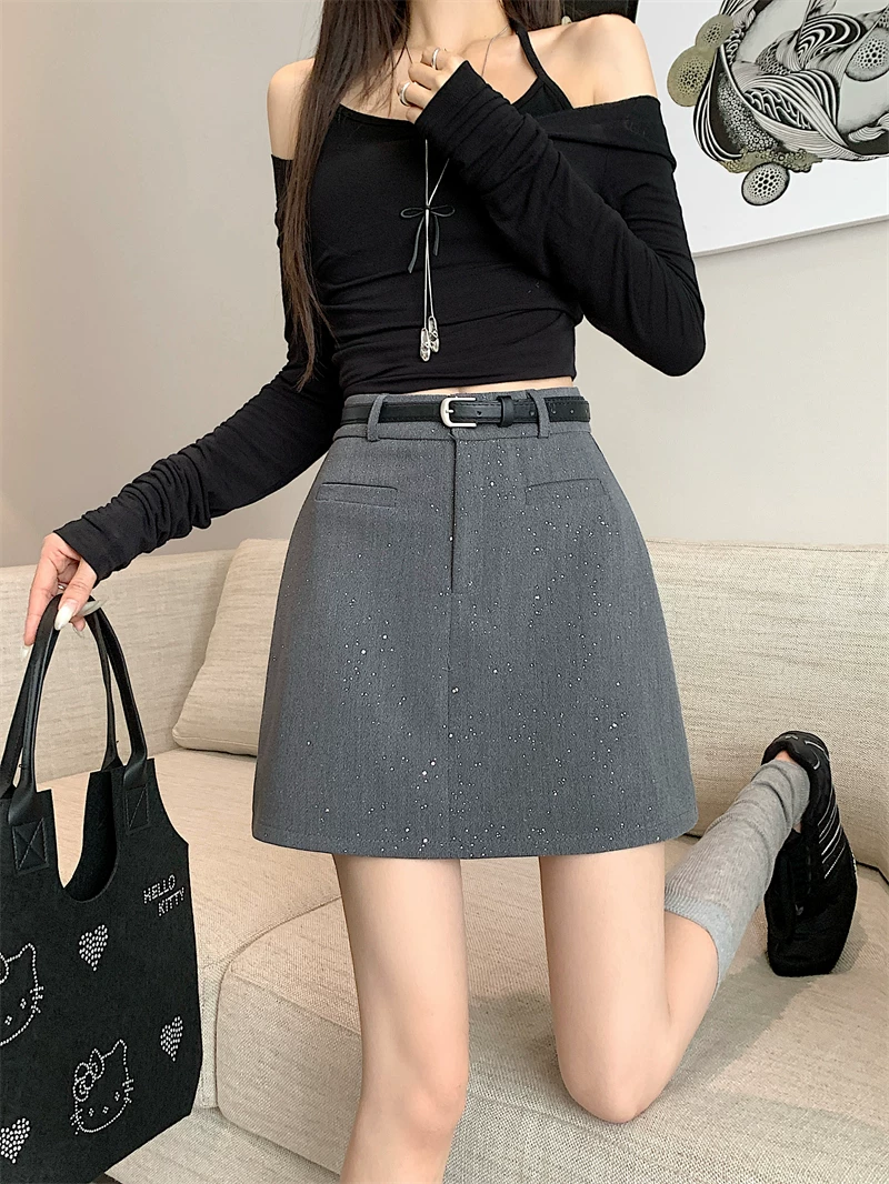 Váy vest màu xám bóng, size lớn cho nữ, váy chữ A chống lộ mùa hè, váy ngắn cạp cao che hông.