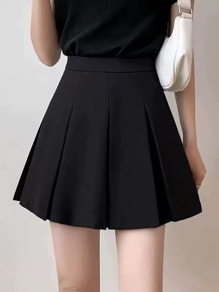 Váy xếp ly màu đen cỡ lớn, váy ngắn chữ A mùa xuân hè dành cho nữ, váy cạp cao kiểu đại học, giúp thon gọn và che bụng.