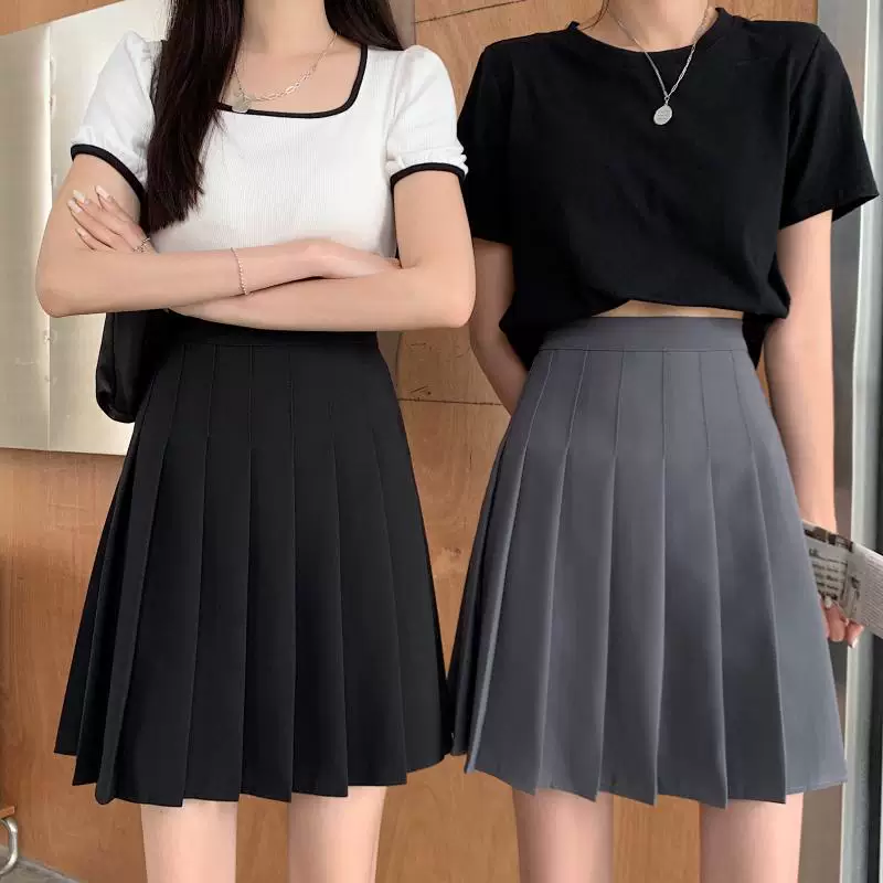 Váy xếp ly màu xám cỡ lớn dành cho nữ, mùa hè, váy trắng lưng cao, dài vừa phải, phong cách học sinh, váy chữ A kiểu JK giúp thon gọn.