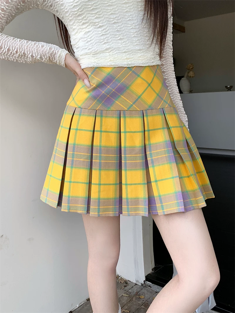 Váy xếp ly kẻ sọc vàng cổ điển kiểu Mỹ mùa hè cỡ lớn eo cao váy ngắn giảm béo váy kẻ sọc chữ A ôm hông dành cho nữ