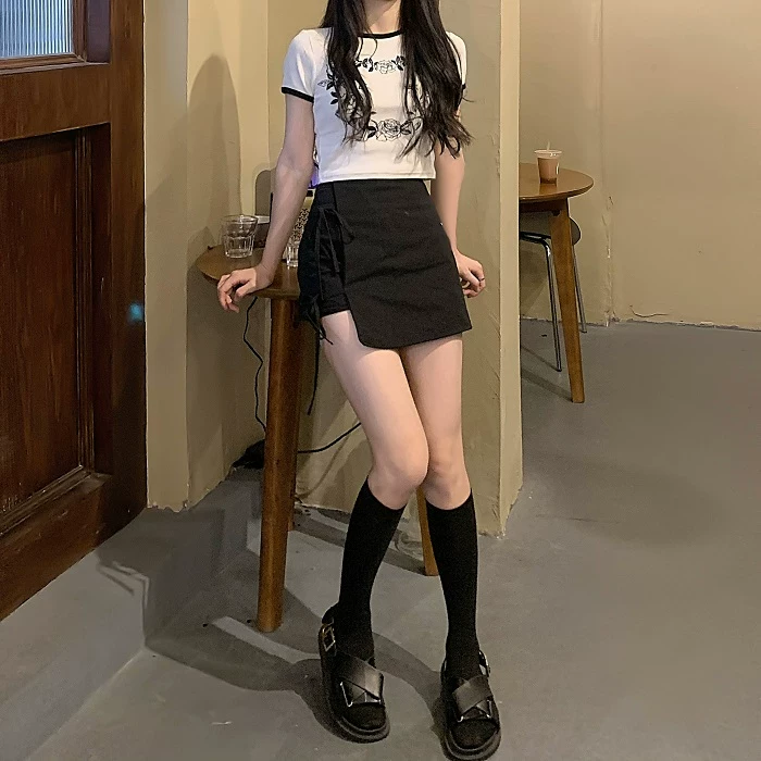 Váy ngắn dáng bất quy tắc, có tác dụng giảm béo, dành cho nữ, kiểu dáng cao eo, đa năng, phong cách BM, dành cho sinh viên, kiểu dáng chữ A, ôm hông, nửa thân.