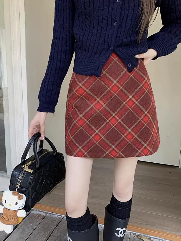 Váy kẻ sọc đỏ cổ điển kiểu Mỹ dành cho nữ, size lớn, gợi cảm, cạp cao, ôm hông, kiểu dáng một bước, tôn dáng, váy ngắn chữ A