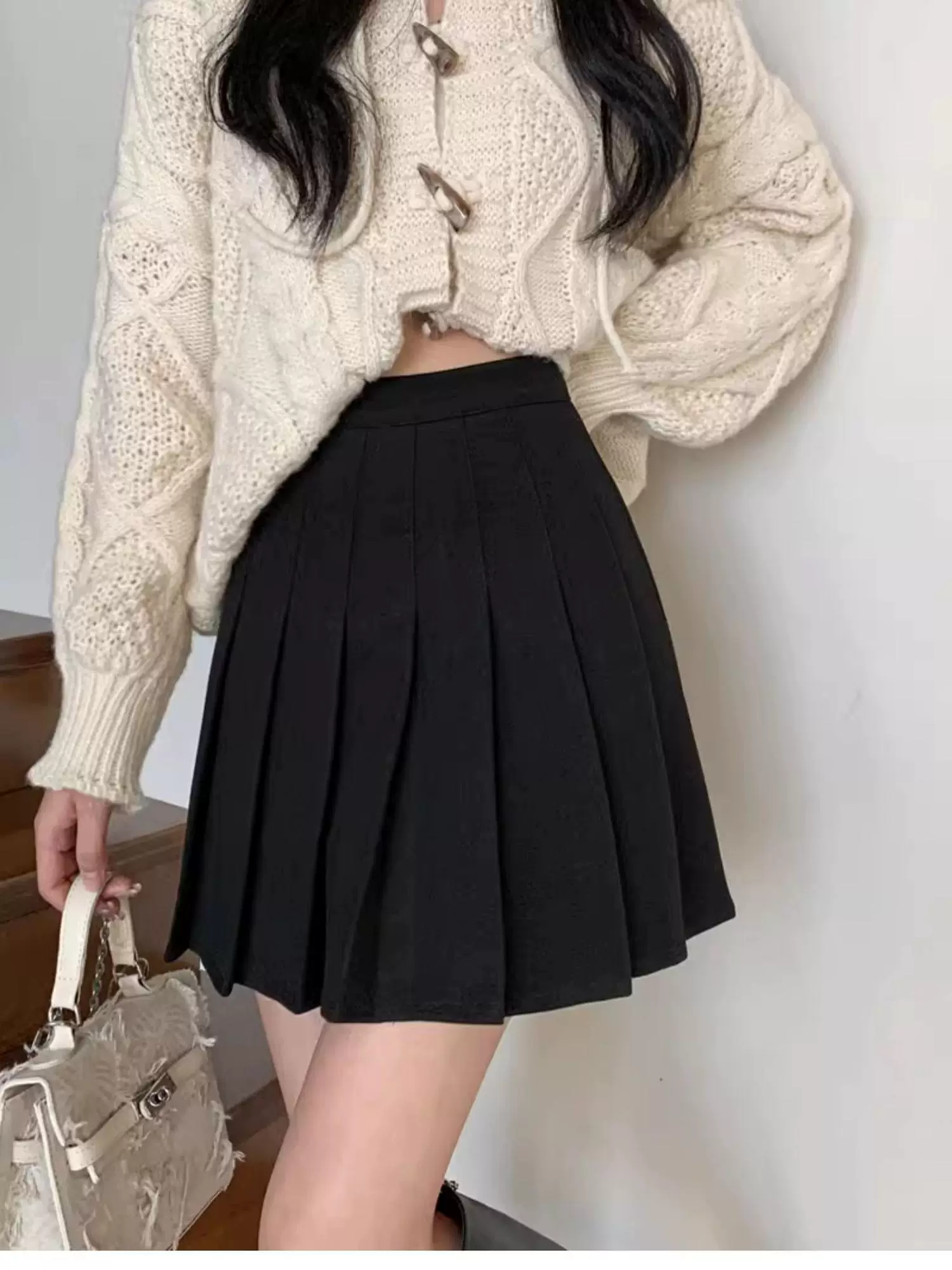 Váy len xếp ly màu xám dành cho nữ, mùa thu đông, dáng nhỏ nhắn, lưng cao, váy chữ A thon gọn, phong cách preppy, váy nửa thân chống lộ