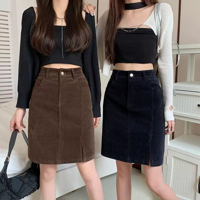Váy midi chất liệu corduroy size lớn dành cho nữ, váy ngắn dáng chữ A xẻ tà cao eo mùa thu đông, váy bút chì che bụng ôm hông.