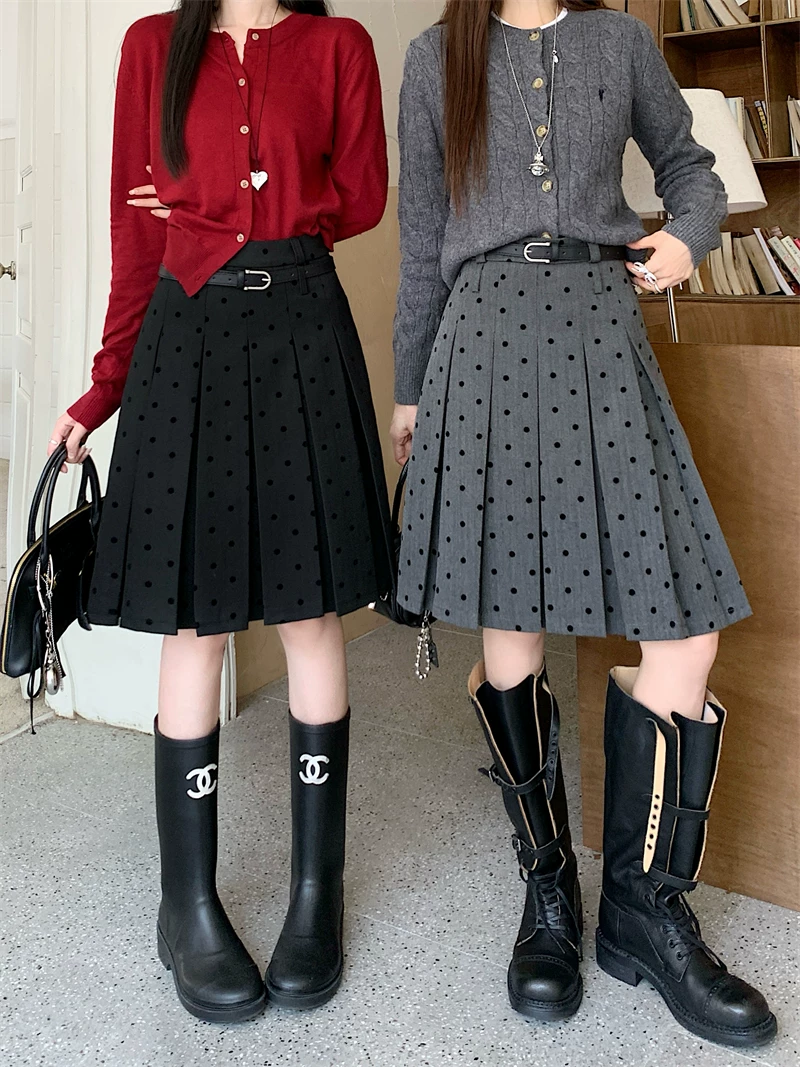 Váy chấm bi màu xám cỡ lớn, váy cạp cao, váy chữ A phong cách preppy dành cho nữ, váy xếp ly dài vừa phải giúp giảm béo mùa xuân hè