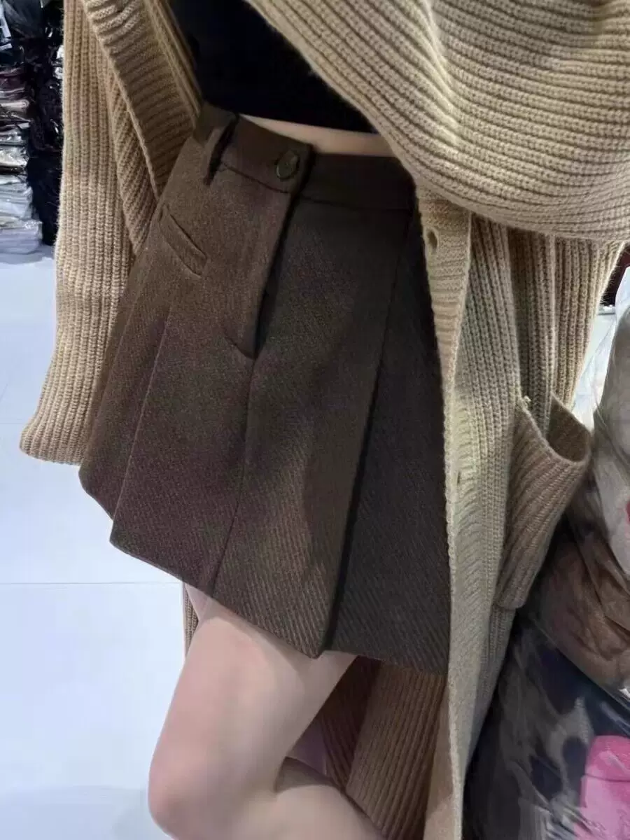 Váy len dày màu xám xếp ly váy ngắn dành cho nữ mùa thu đông cỡ lớn eo cao phong cách preppy Váy chữ A chống lộ váy nửa thân