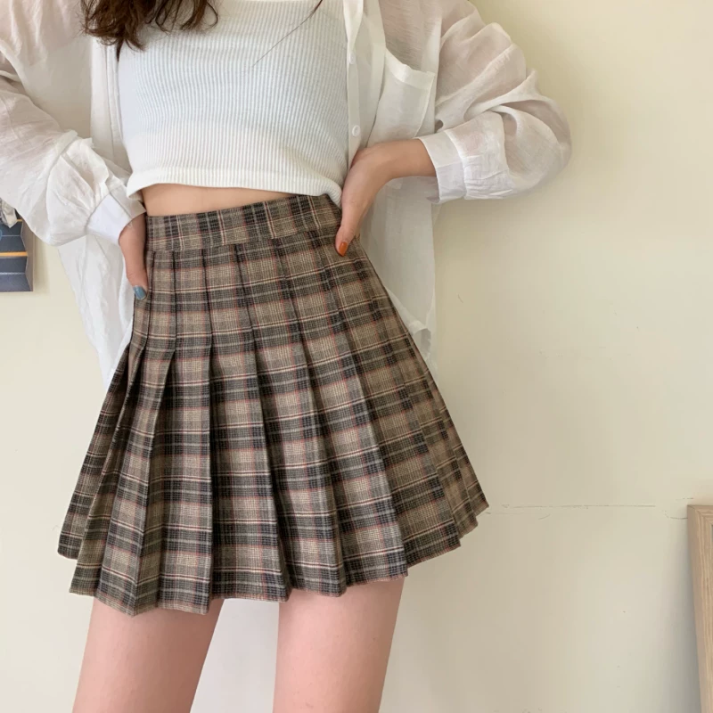 Váy xếp ly ca rô JK, size lớn, cạp cao, dáng chữ A, dành cho nữ, mùa xuân hè, kiểu dáng học sinh, tôn dáng, váy ngắn ca rô