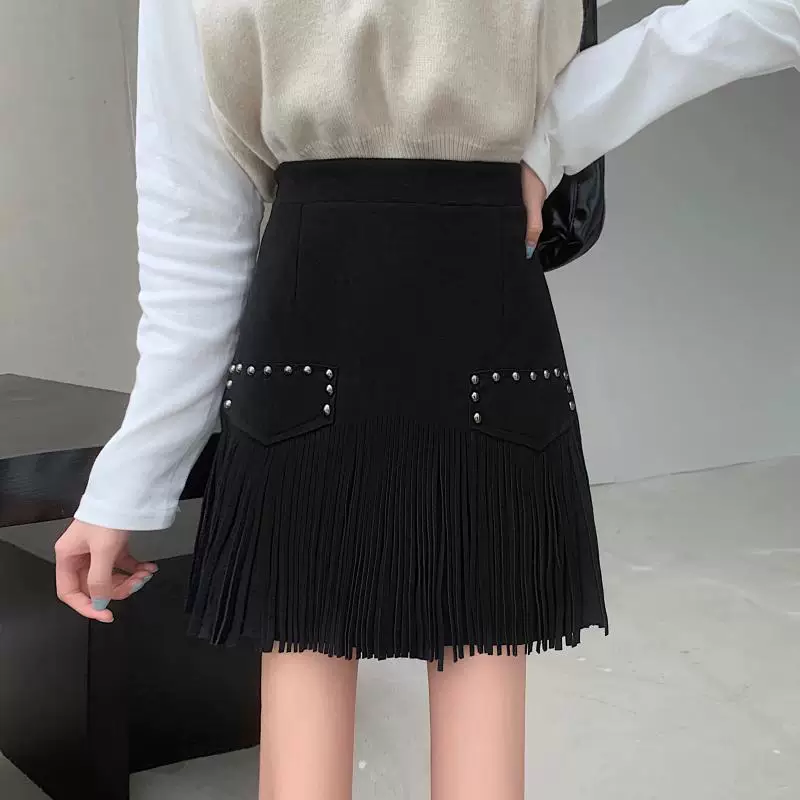 Váy ngắn da lộn lưng cao cỡ lớn dành cho nữ, phong cách Hàn Quốc mới thu đông 2023, váy bút chì dáng chữ A tua rua cỡ lớn.