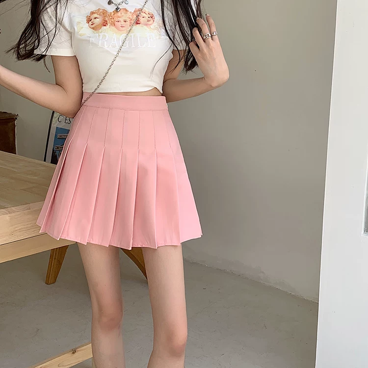 Váy xếp ly màu hồng giảm béo cỡ lớn dành cho nữ, váy chữ A cạp cao che hông mùa hè, váy ngắn chống lộ phong cách học sinh.