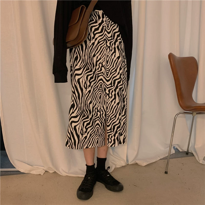 Váy xẻ tà dài vừa phải kiểu retro họa tiết ngựa vằn phong cách Hàn Quốc mùa hè lưng cao thon gọn đa năng kiểu chữ A dành cho nữ